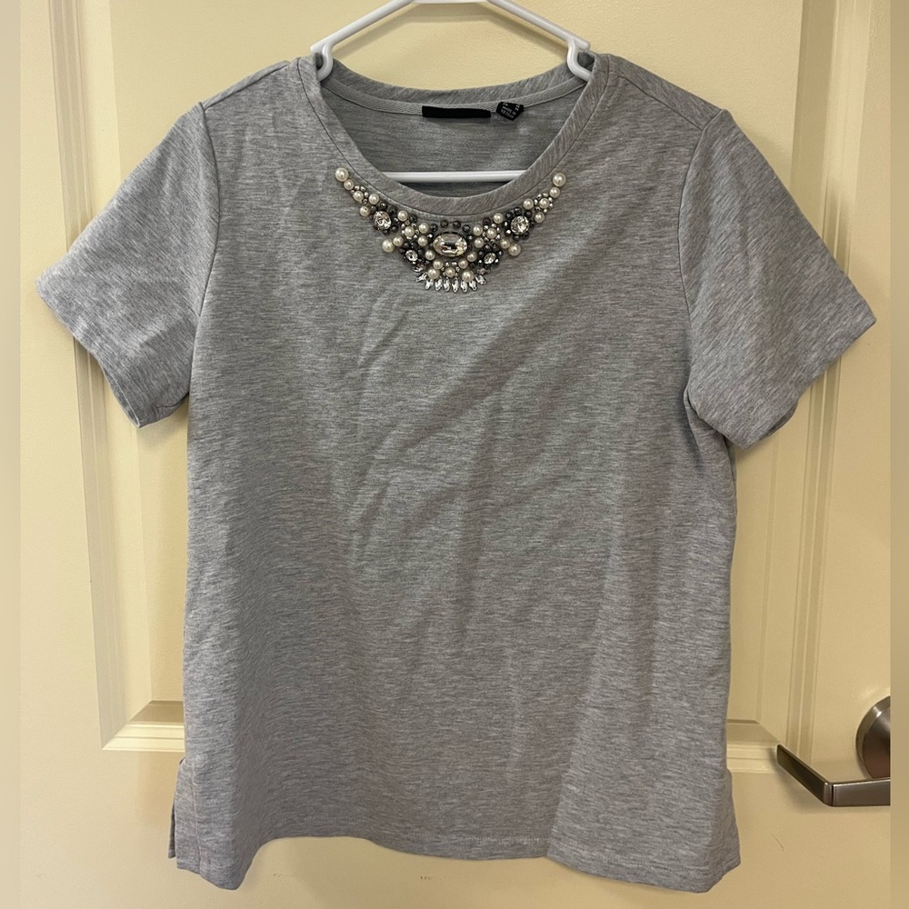 Top - Gray with pearls and jewel details at neck line - size S